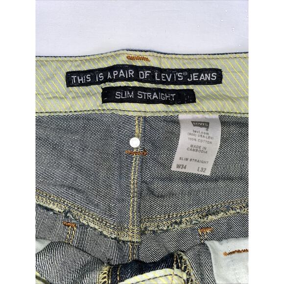 Levis Size 34 Slim Straight Fit Medium Wash Blue Denim Jeans Red Tab Flap Pocket - Picture 6 of 11